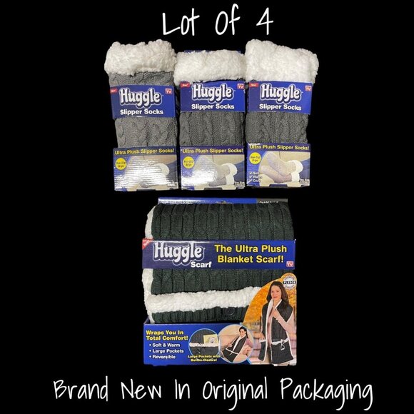 Huggle Slipper Socks Non-Slip Grips Ultra Plush Blanket Scarf Pockets X  4 New - Picture 1 of 9
